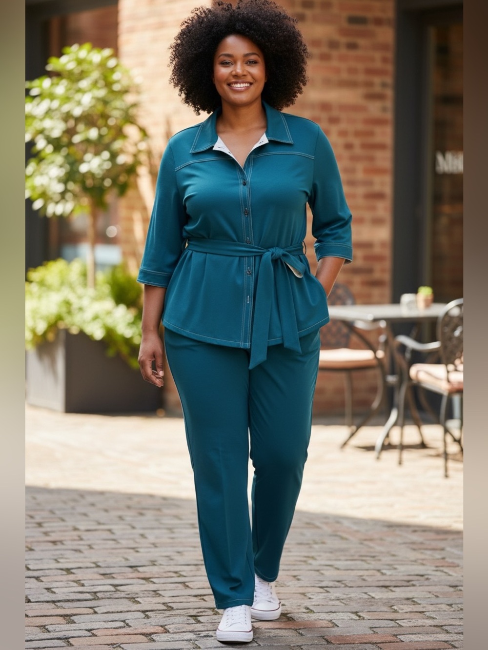 Susan Graver Teal Button-Front Tie Top & Straight Pants Set